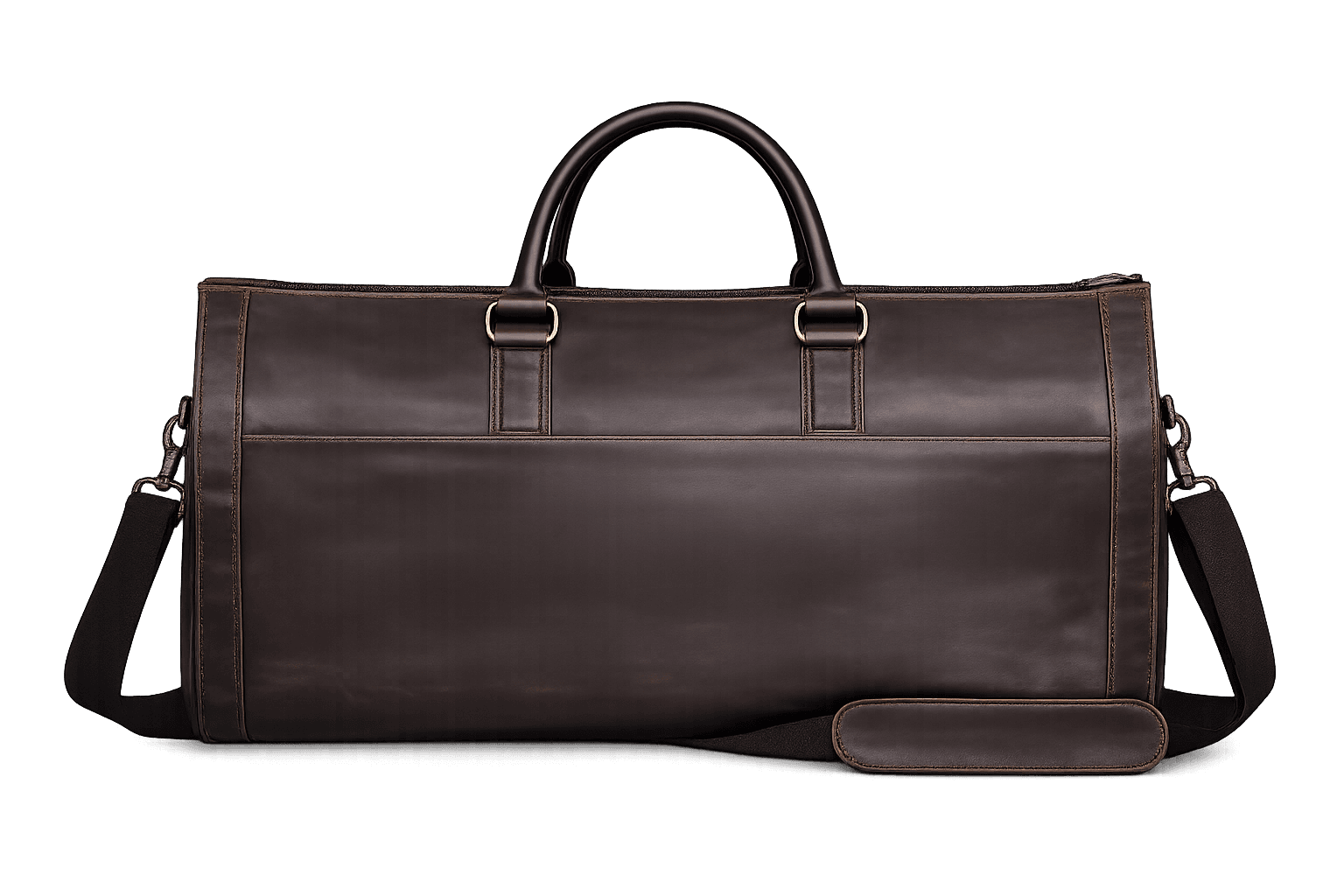 La Abuela Weekender in chocolate leather, back studio view