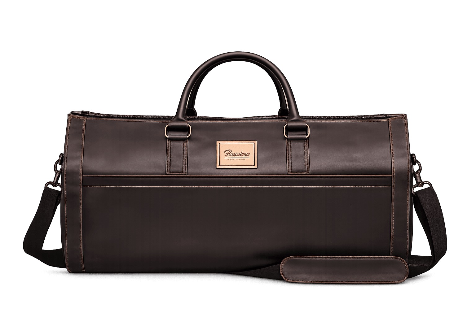La Abuela Weekender in chocolate leather, front studio view