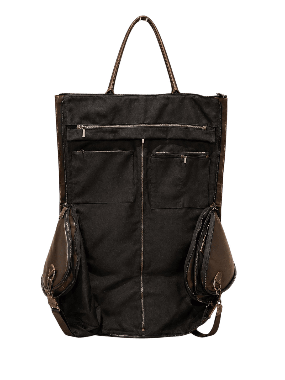 La Abuela Weekender in chocolate leather, open interior flat lay