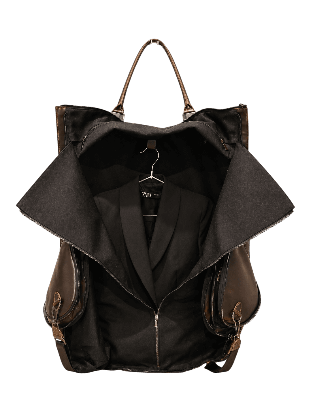 La Abuela Weekender in chocolate leather, open garment support view