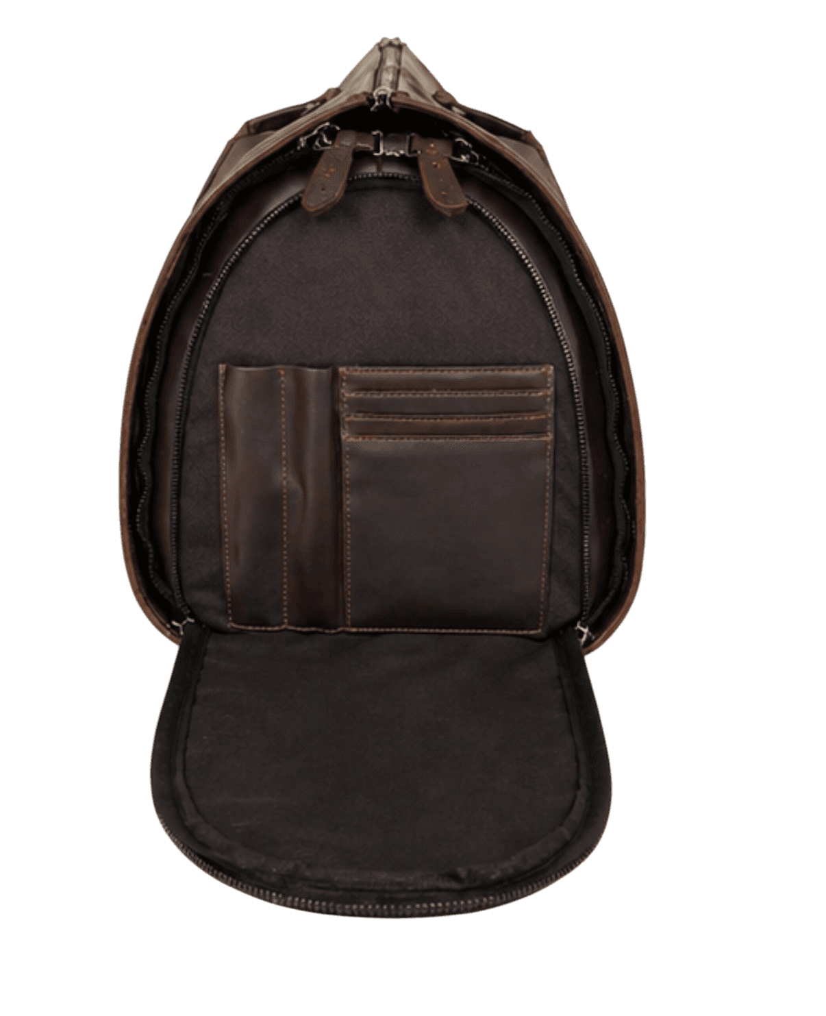 La Abuela Weekender in chocolate leather, garment panel detail