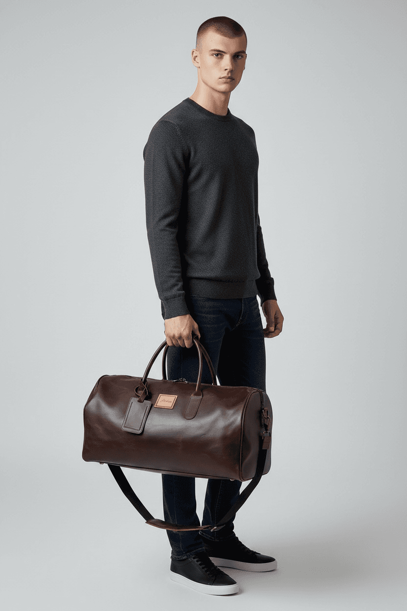 Model carrying La Herencia Carryall in burgundy leather