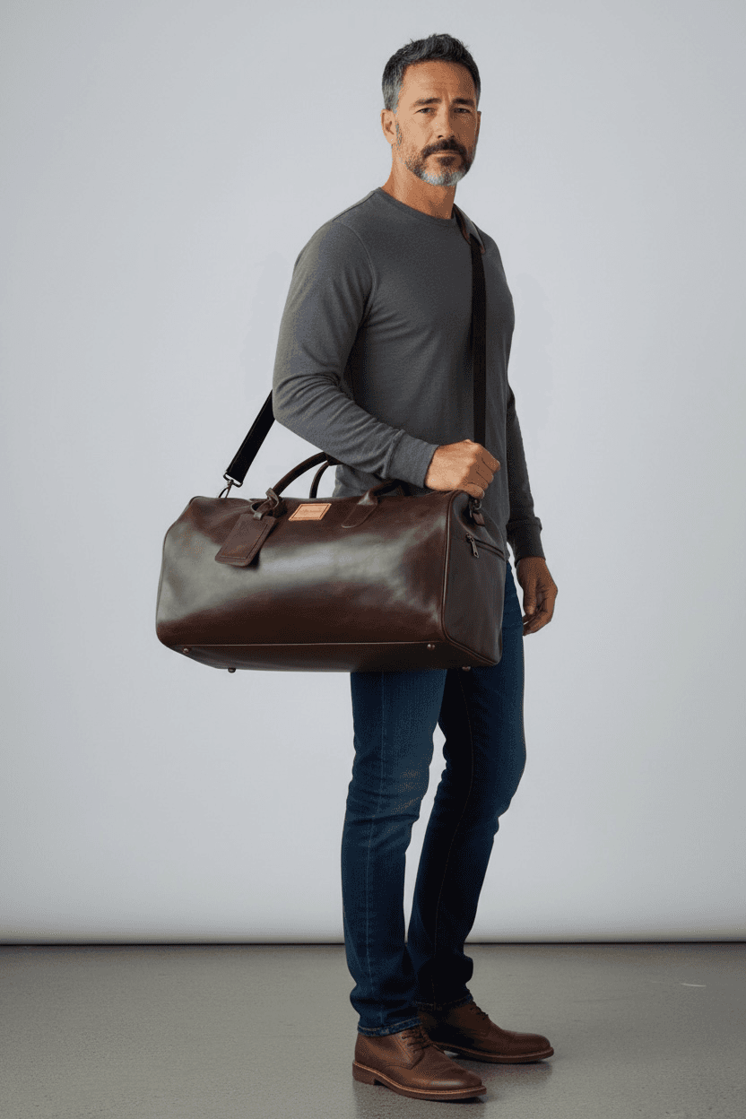 Model carrying La Herencia Carryall in burgundy leather