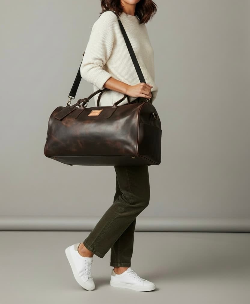 Model carrying La Herencia Carryall in chocolate leather at the side