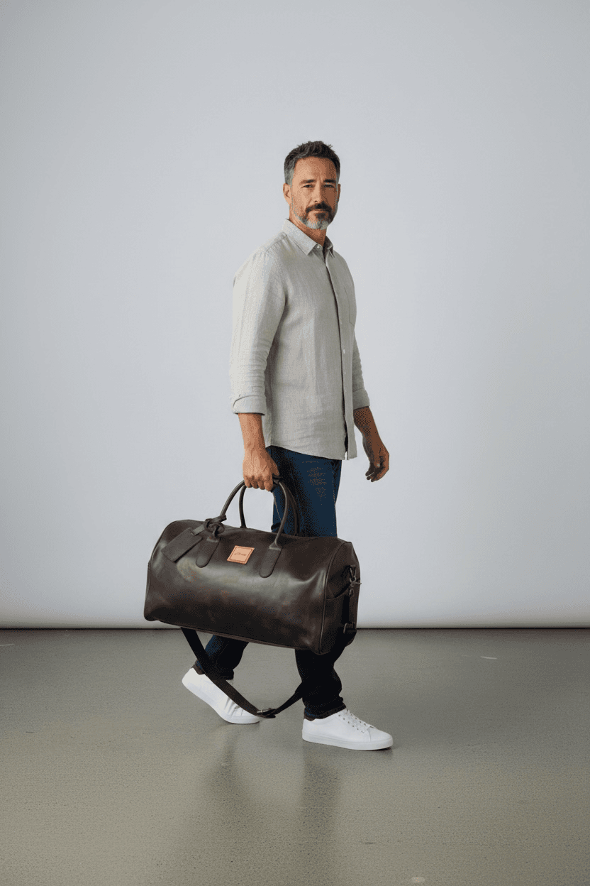 Model holding La Herencia Carryall in chocolate leather