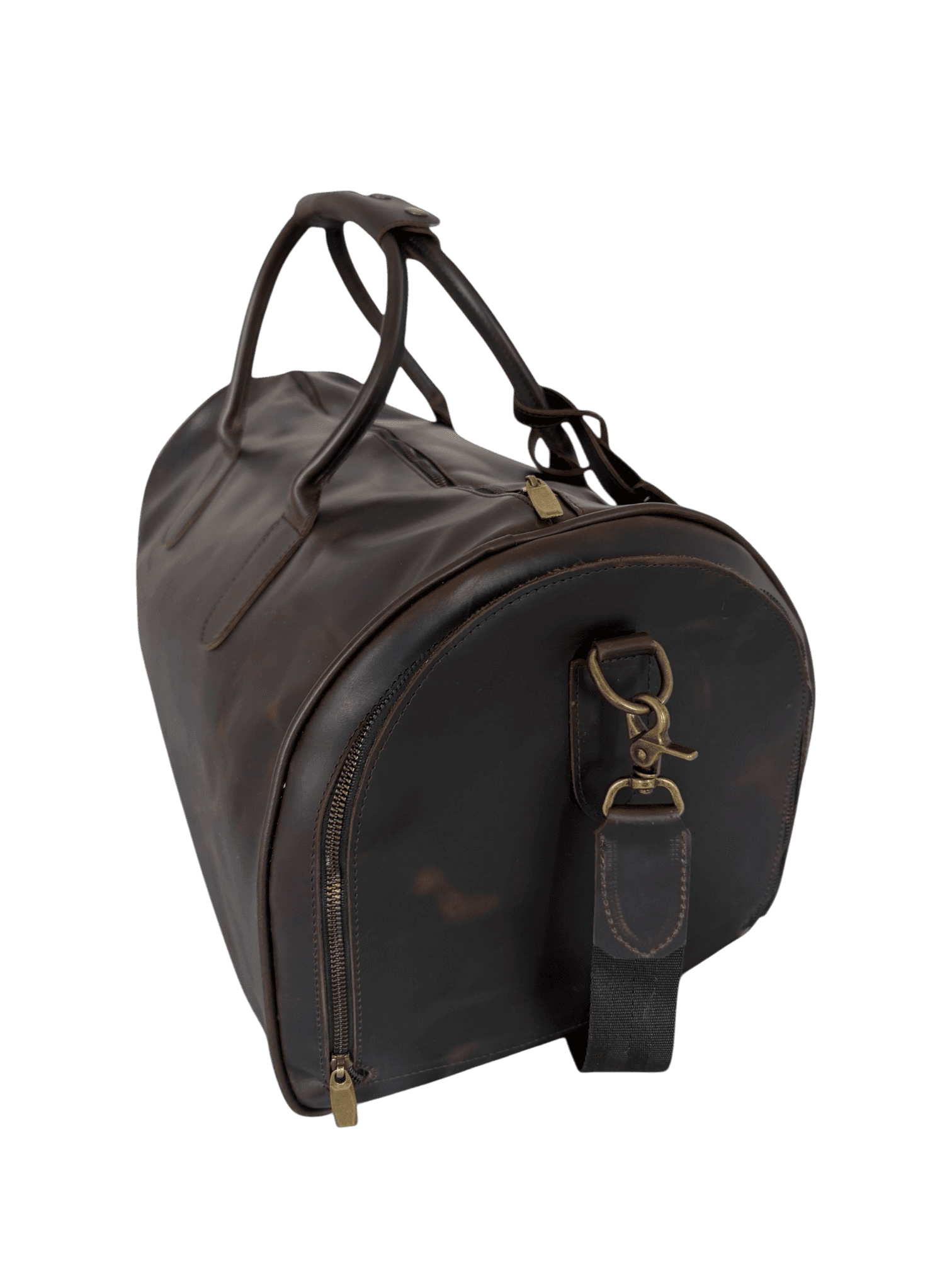 La Herencia Carryall in chocolate leather, end studio view