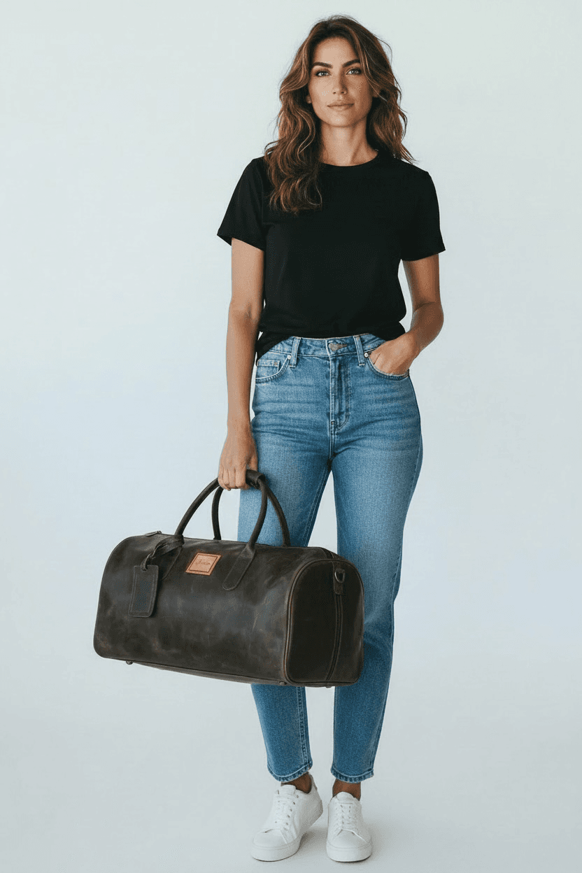 Model carrying La Herencia Carryall in olive leather
