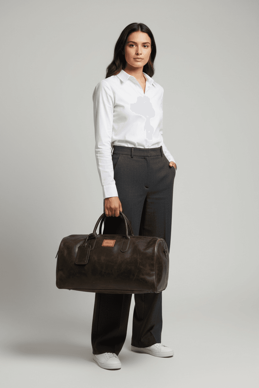 Model carrying La Herencia Carryall in olive leather